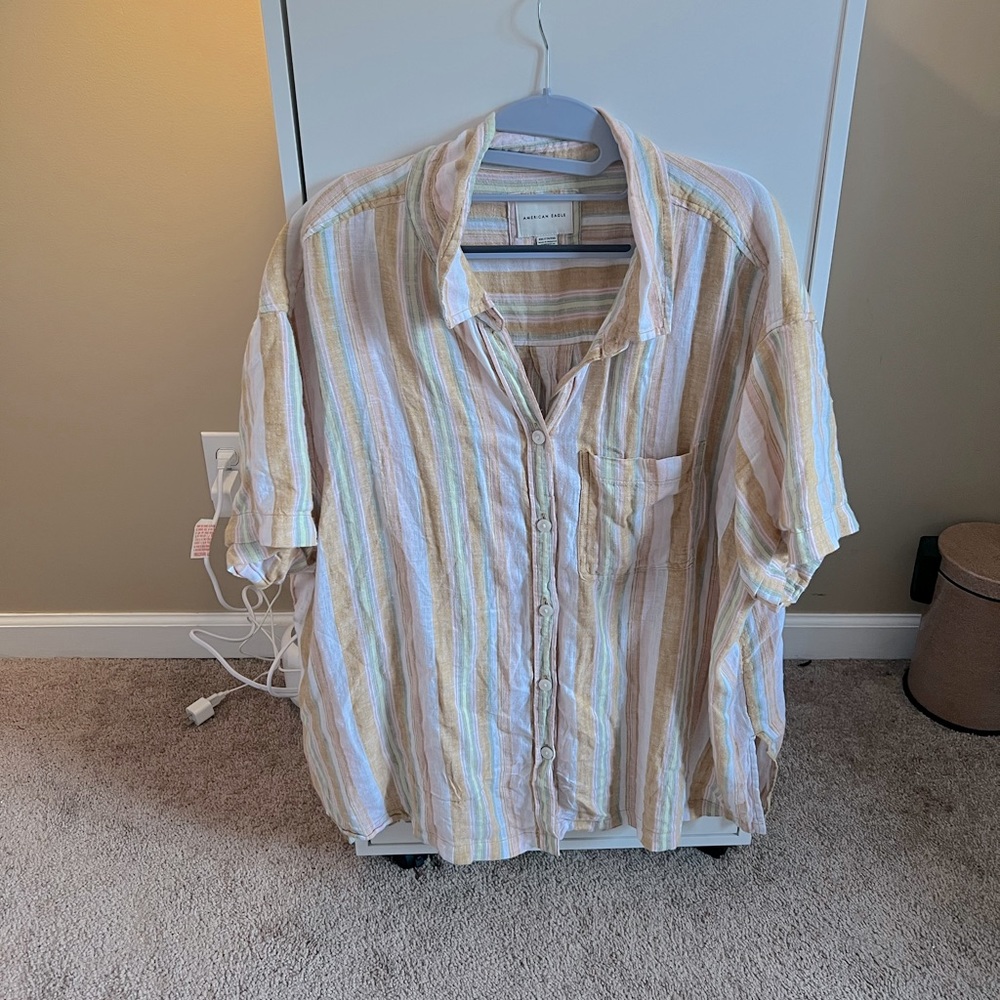 XXL American Eagle Multicolored Striped Short-Sleeve Button Down